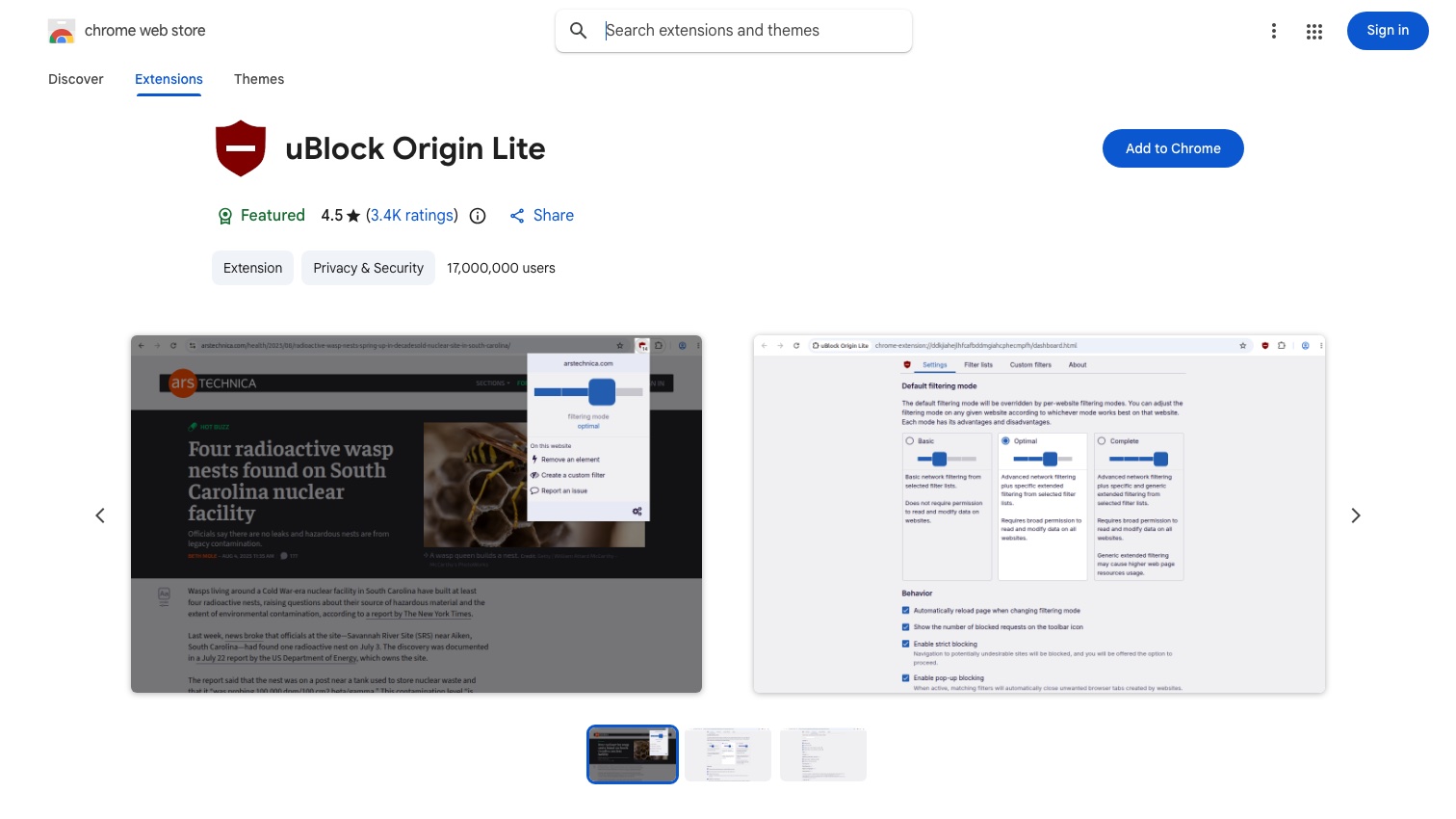 The Chrome Web Store listing for uBlock Origin Lite — Featured badge, 4.5 stars from 3.4K ratings, 17,000,000 users — with carousel screenshots showing its popup filtering slider and the Basic, Optimal and Complete filtering-mode settings.