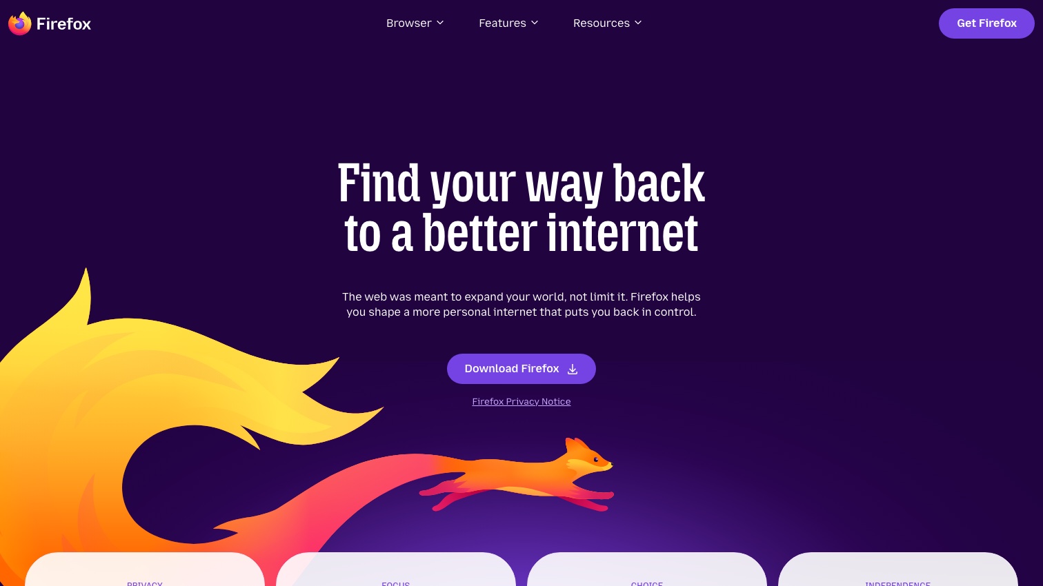 The Firefox homepage reading "Find your way back to a better internet" with a Download Firefox button and a link to the Firefox Privacy Notice.