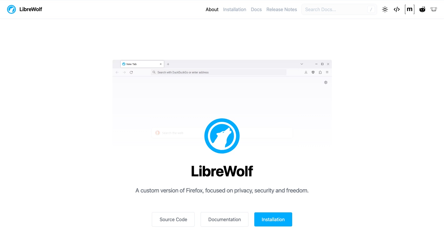The LibreWolf homepage showing its wolf logo over a minimal browser window, described as "a custom version of Firefox, focused on privacy, security and freedom," with Source Code, Documentation and Installation buttons.