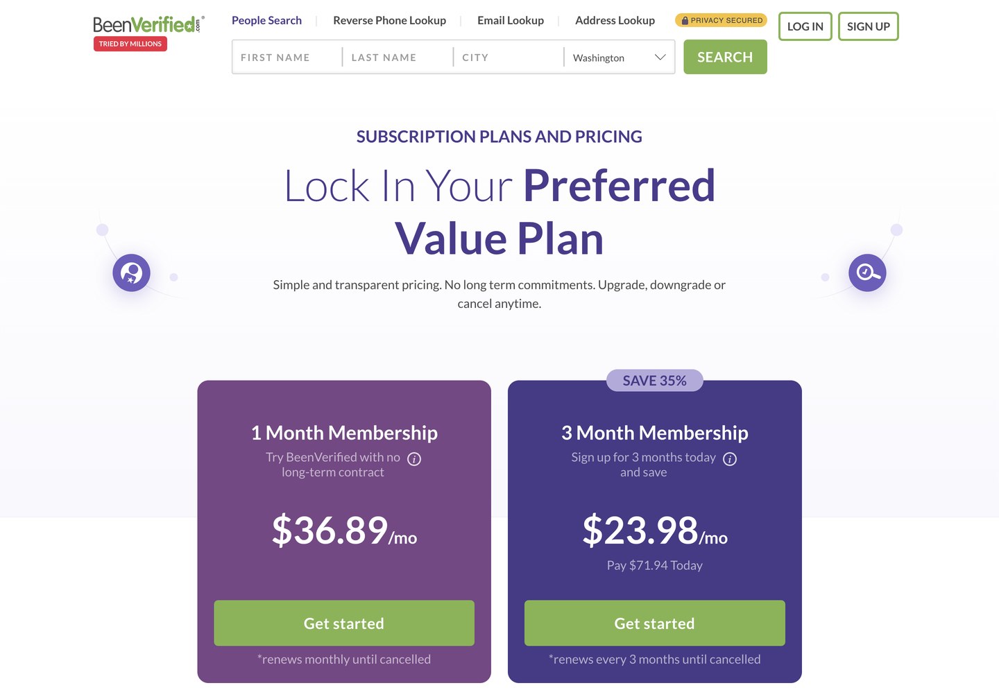 BeenVerified's pricing page headed "Lock In Your Preferred Value Plan", with a 1 Month Membership card at $36.89/mo that renews monthly until cancelled and a 3 Month Membership card badged SAVE 35% at $23.98/mo, "Pay $71.94 Today".