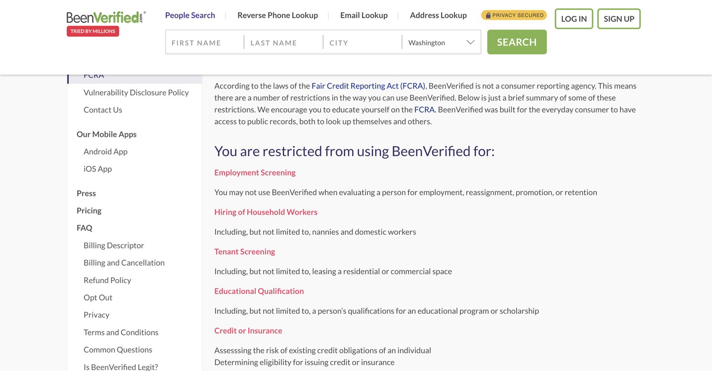 BeenVerified's FCRA page stating that, under the Fair Credit Reporting Act, "BeenVerified is not a consumer reporting agency", above the heading "You are restricted from using BeenVerified for:" and entries for Employment Screening, Hiring of Household Workers, Tenant Screening, Educational Qualification and Credit or Insurance.