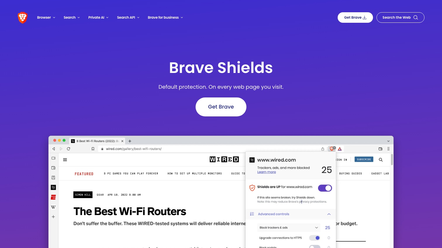 Brave's Shields page headed "Default protection. On every web page you visit," showing the browser's Shields panel open on wired.com with "Trackers, ads, and more blocked — 25", the "Shields are UP" toggle on, and Advanced controls for blocking trackers and upgrading connections to HTTPS.