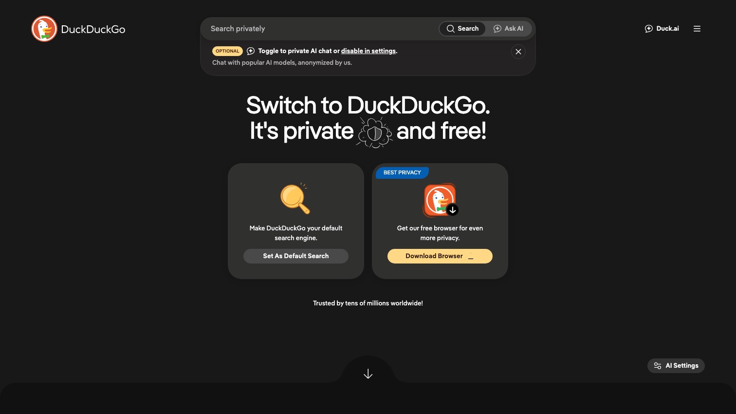 The DuckDuckGo search homepage reading "Switch to DuckDuckGo. It's private and free!" with a "Search privately" box, and a dismissible banner labeled OPTIONAL explaining that private AI chat can be toggled or disabled in settings.