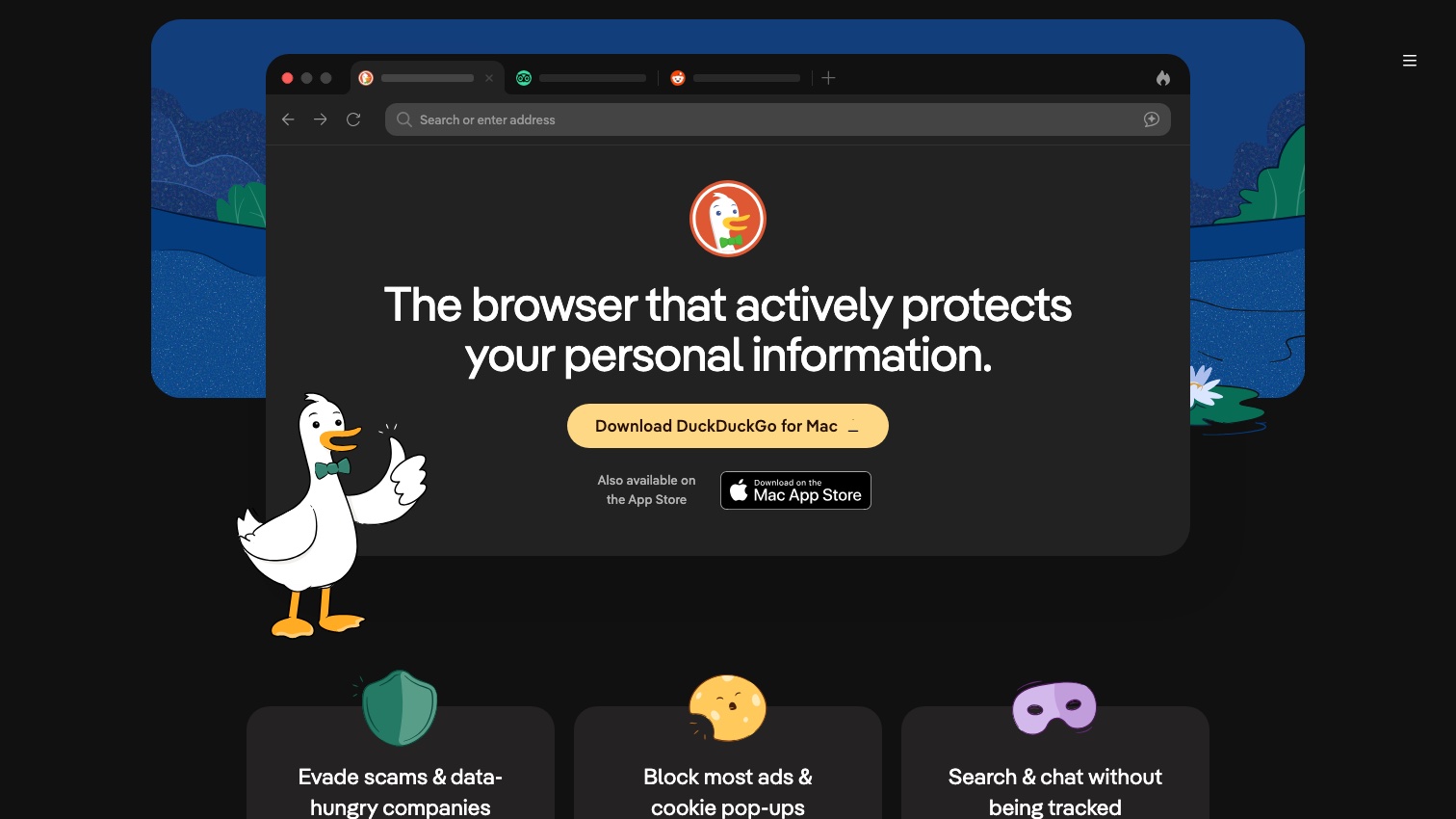 DuckDuckGo's browser download page headed "The browser that actively protects your personal information," showing a browser window mockup, a Download DuckDuckGo for Mac button, and feature cards for evading scams, blocking ads and cookie pop-ups, and searching without being tracked.