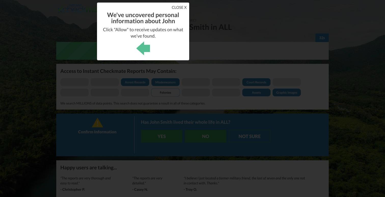An Instant Checkmate pop-up reading "We've uncovered personal information about John" with an arrow pointing at the browser's notification permission prompt, shown 32 seconds into a name-only John Smith search over badges for Arrest Records, Misdemeanors, Felonies and Graphic Images.