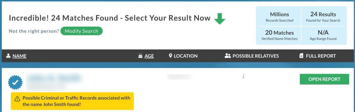 The top of Instant Checkmate's results page for a John Smith search, headed "Incredible! 24 Matches Found", with a yellow "Possible Criminal or Traffic Records associated with the name John Smith found!" flag under the first result. Names and locations are blurred.