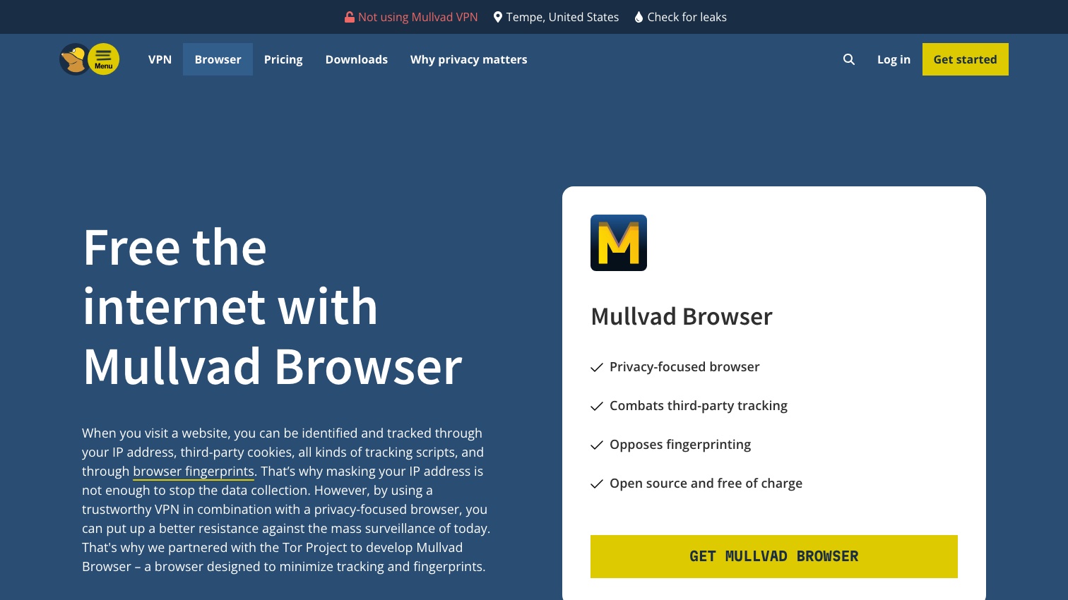 Mullvad's browser page headed "Free the internet with Mullvad Browser," describing a browser developed in partnership with the Tor Project, with feature checkmarks for combating third-party tracking, opposing fingerprinting, and being open source and free of charge.