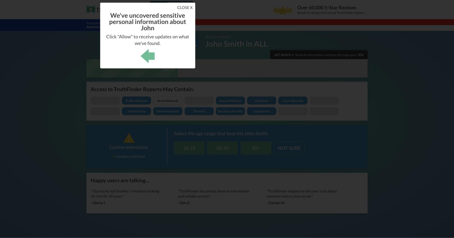 A TruthFinder pop-up reading "We've uncovered sensitive personal information about John" pointing at the browser's push-notification permission prompt, shown mid-scan over a 32% progress bar.