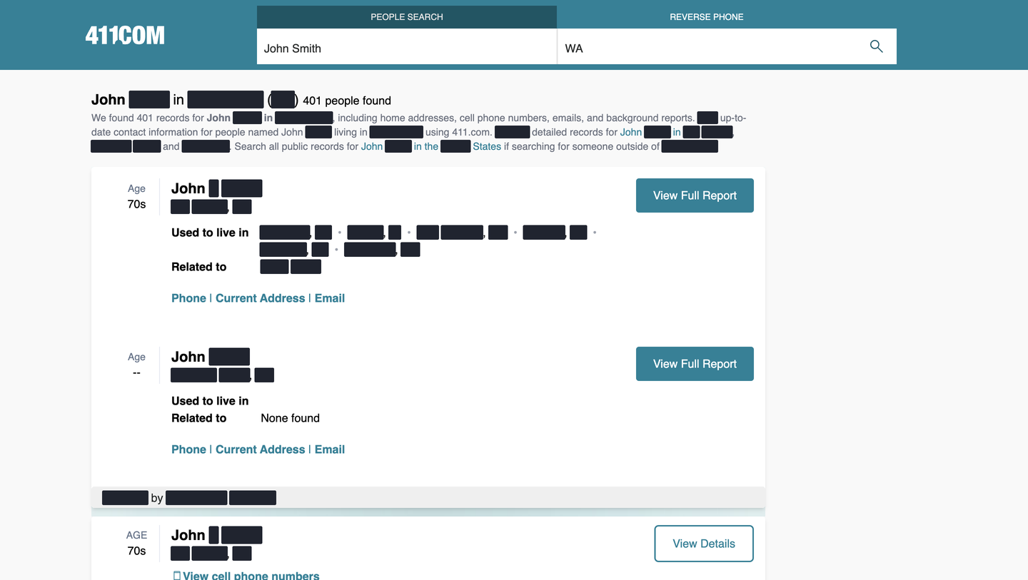A redacted 411.com results page for John Smith in WA reading "401 people found", with age-range entries, blacked-out former addresses and relatives, and View Full Report buttons.