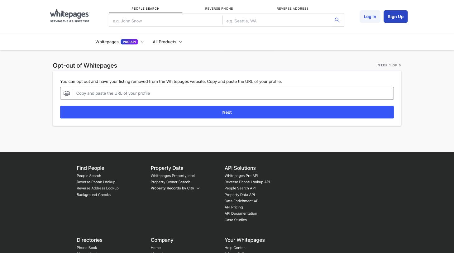 The Whitepages suppression request form that 411.com removals run through, with an empty field for the listing URL.