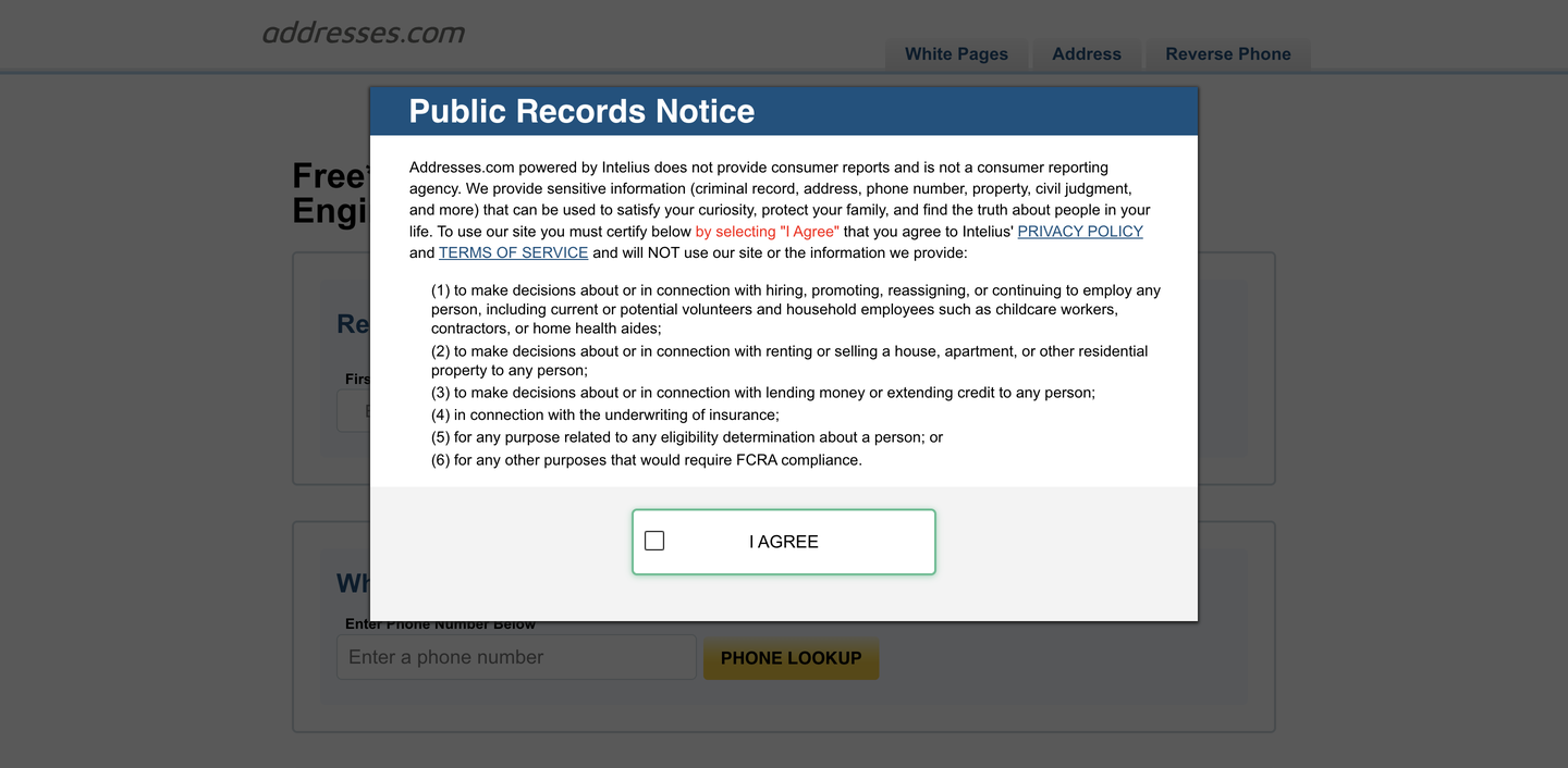 Addresses.com's "Public Records Notice" consent gate, noting the site is powered by Intelius, with an I Agree checkbox over the search page.