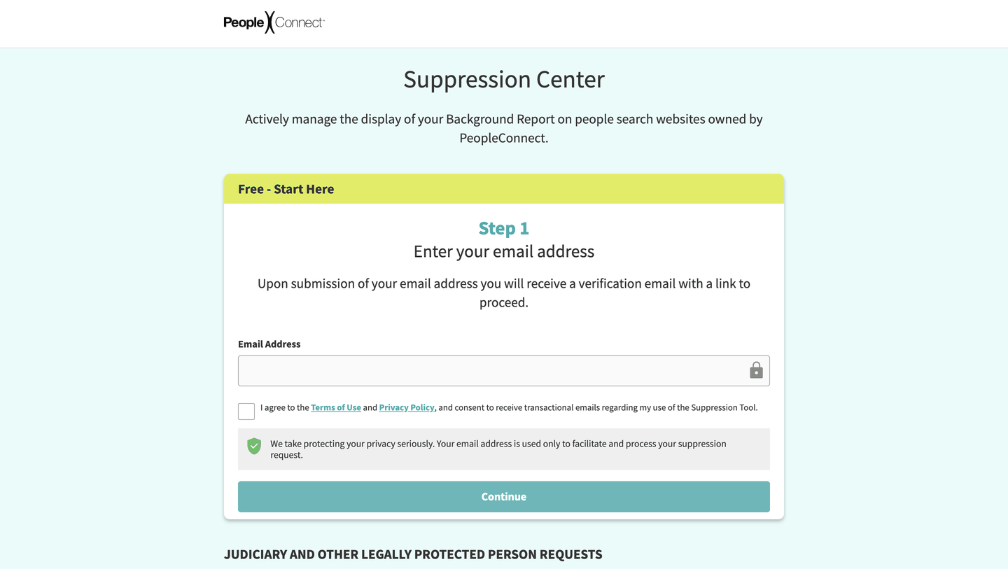 The PeopleConnect Suppression Center at Step 1, asking for an email address above a consent checkbox and a Continue button — the portal Addresses.com removals run through.