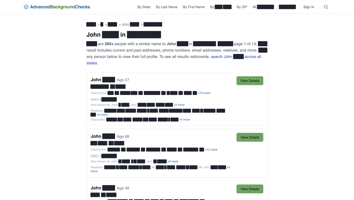 A redacted AdvancedBackgroundChecks results page for a John Smith search, listing several John records with ages, blacked-out addresses, aliases and relatives, and View Details buttons.