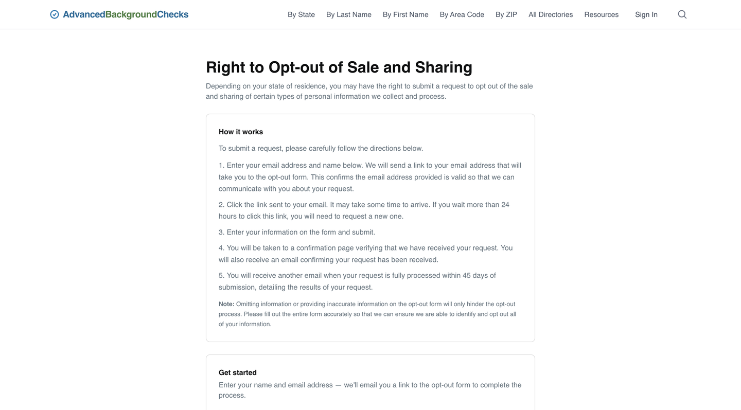 AdvancedBackgroundChecks' "Right to Opt-out of Sale and Sharing" page, listing the five "How it works" instructions above the start of the Get started form.
