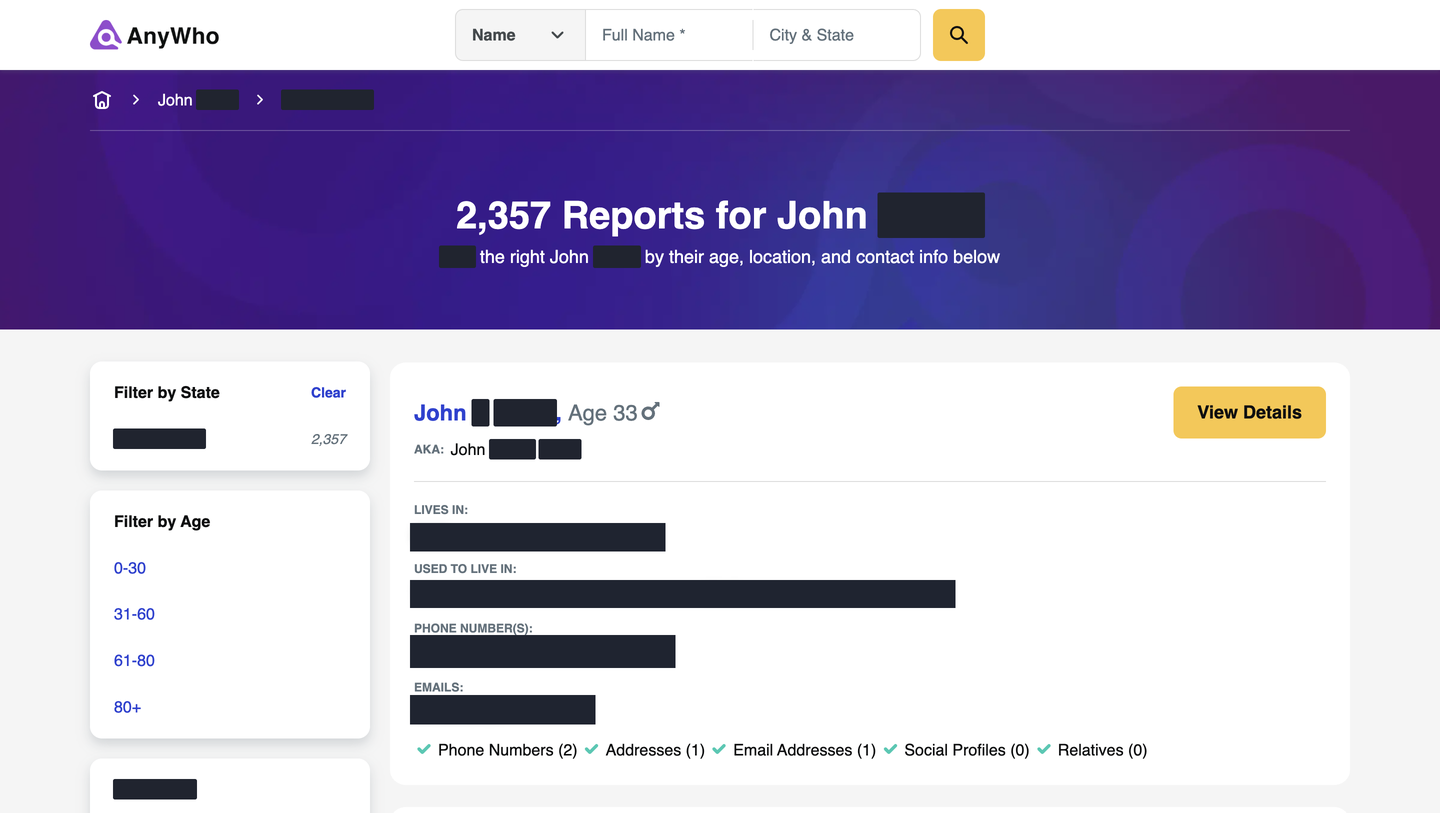 A redacted AnyWho results page reading "2,357 Reports for John", with state and age filters and a first result showing an age beside blacked-out locations, phone numbers and emails.