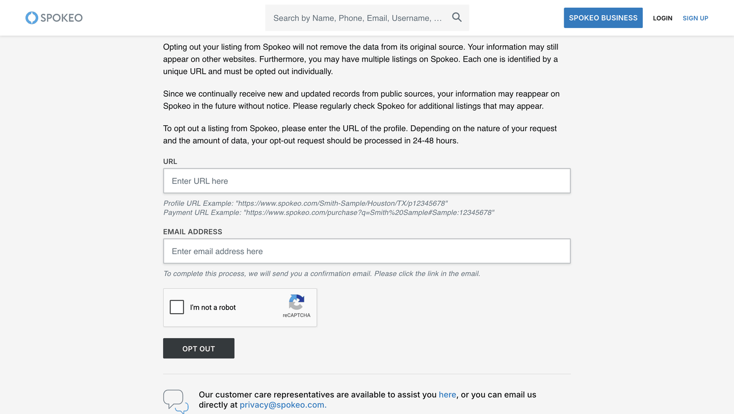 Spokeo's opt-out form, which AnyWho removals run through, with empty URL and Email Address fields, a reCAPTCHA box and an Opt Out button.