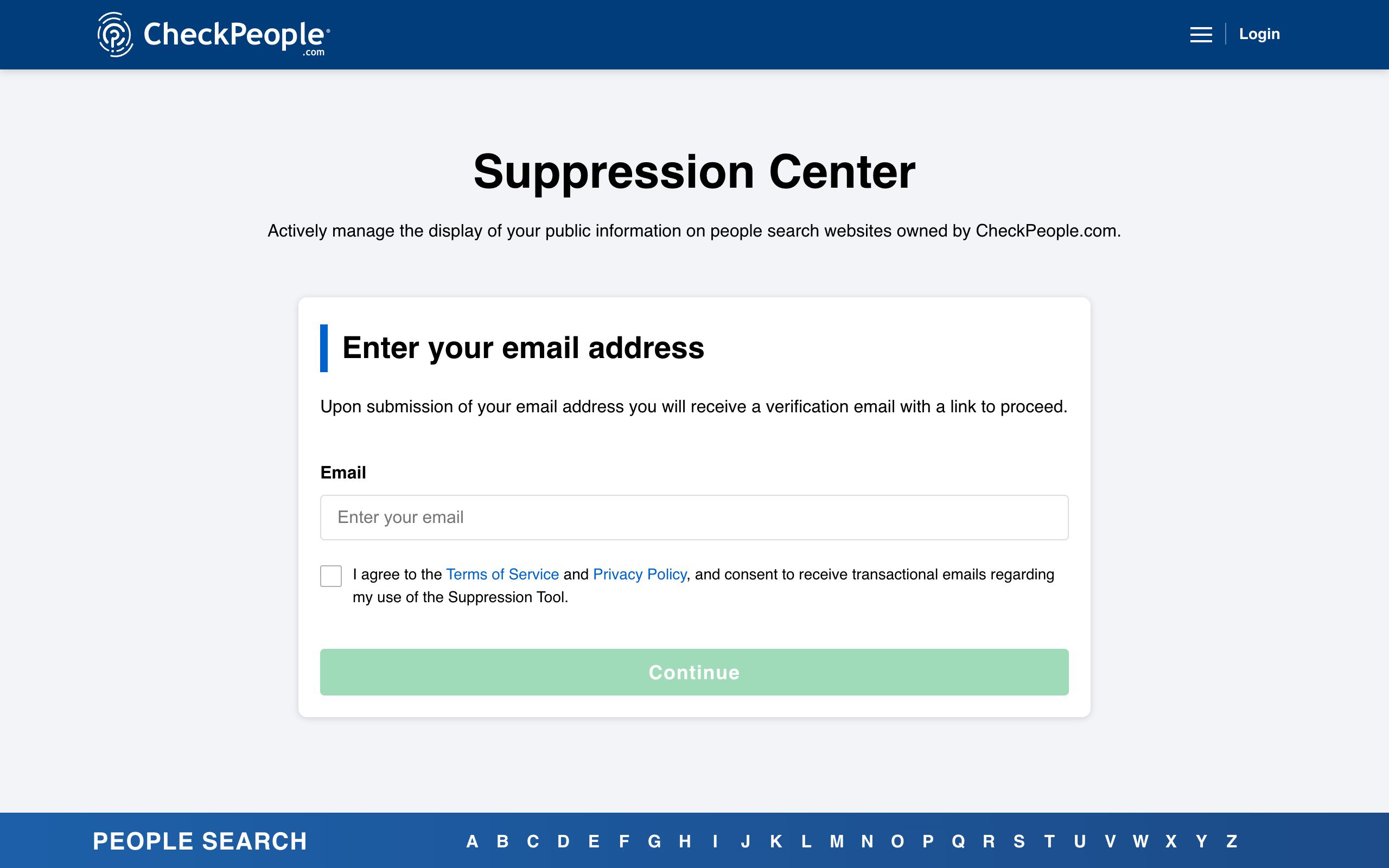 The CheckPeople Suppression Center with an empty email field and a Continue button.