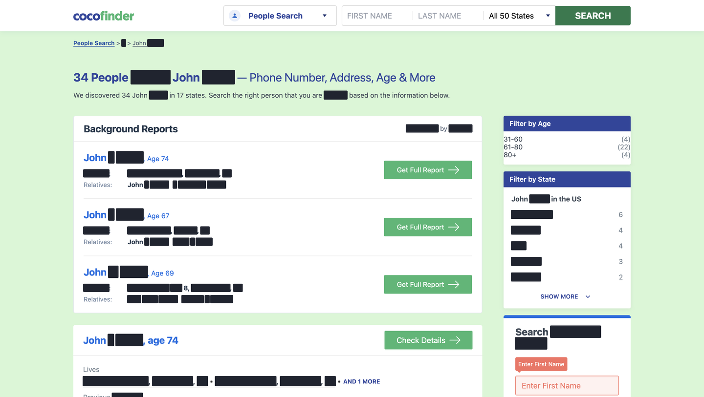 A redacted CocoFinder name page for John Smith reading "34 People", listing Background Reports entries with ages, blacked-out locations and relatives, and Get Full Report buttons.