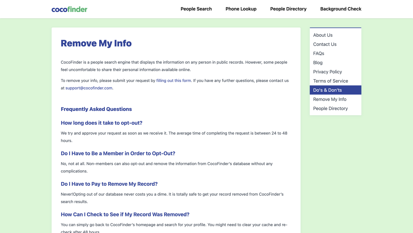 CocoFinder's "Remove My Info" page, describing the removal form and support email above its opt-out FAQ, with a sidebar of policy links on the right.