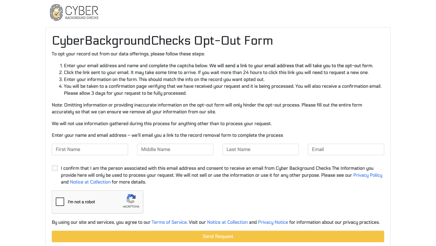 The CyberBackgroundChecks opt-out form, listing four numbered instructions above the empty request fields.