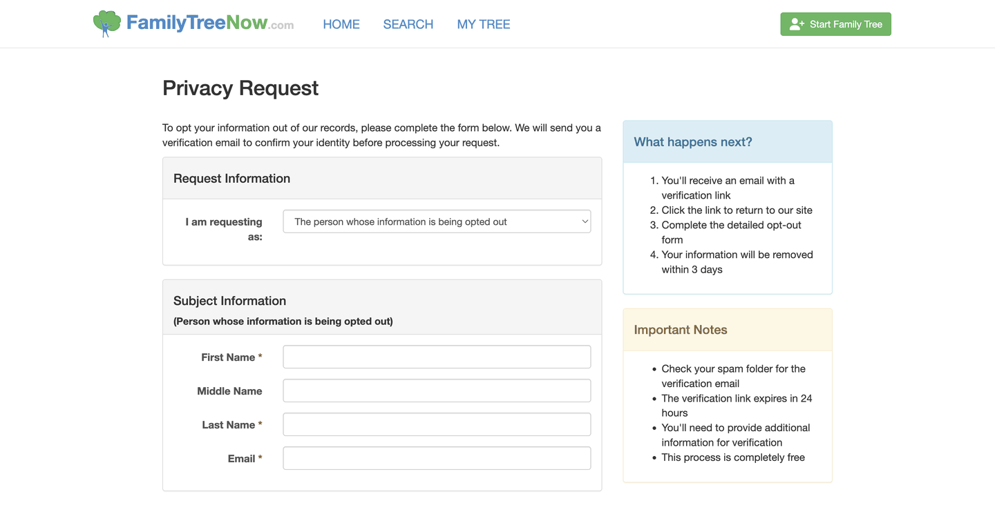 FamilyTreeNow's Privacy Request form: an "I am requesting as" dropdown, First, Middle and Last Name fields, an Email field, and side panels headed "What happens next?" and "Important Notes".