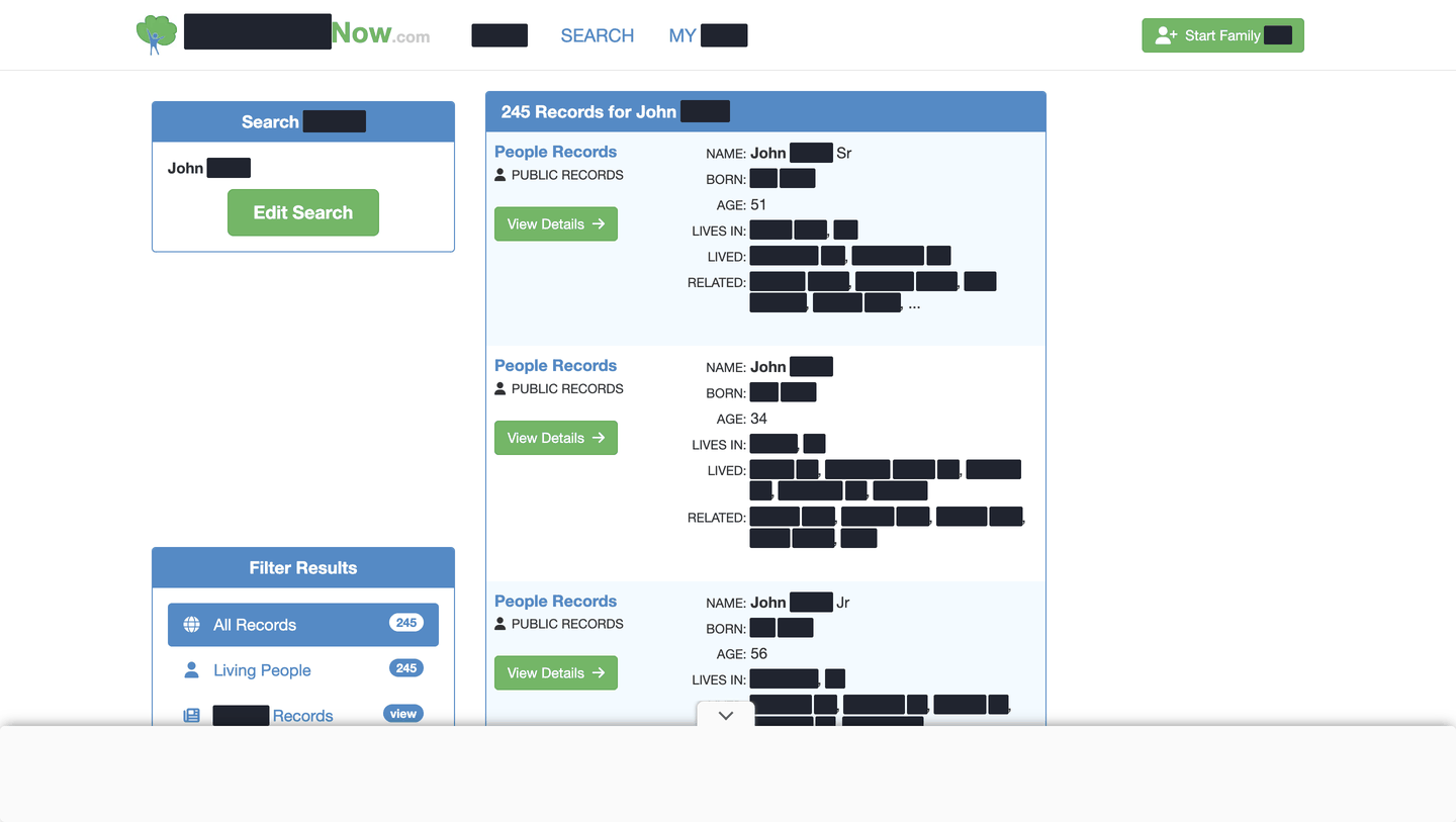 FamilyTreeNow results page showing 245 public records for "John Smith", each with a name, birth date, age, current city, past cities and relatives, with the identifying details redacted.