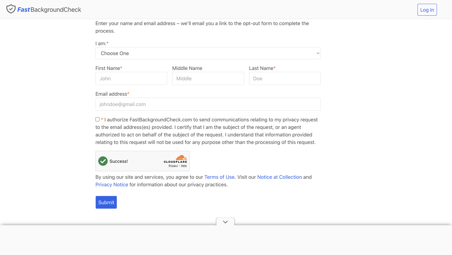 FastBackgroundCheck's "Do Not Sell/Right to Opt-out" page, showing the four-step process and the empty request form with the "I am" dropdown, name and email fields.