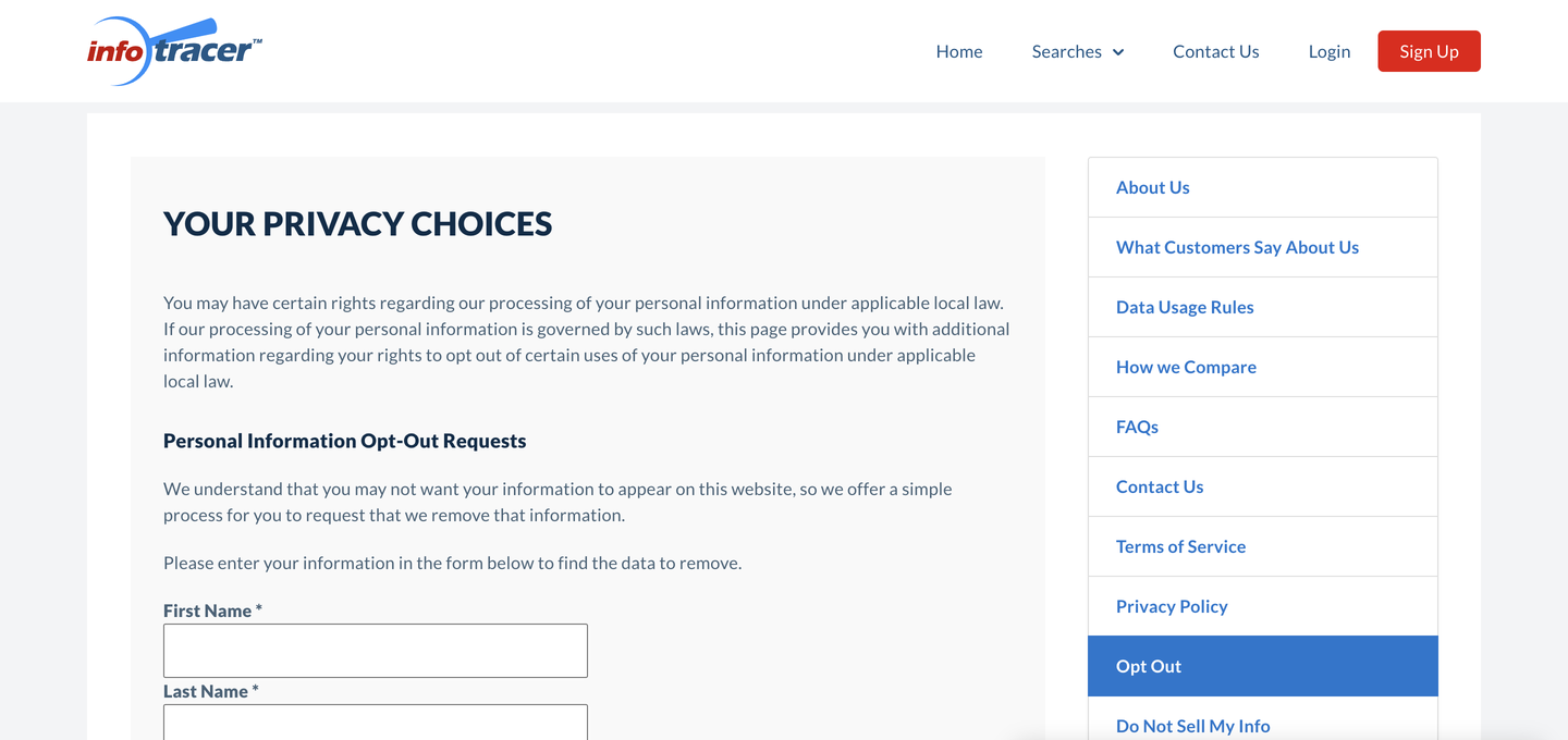 InfoTracer's "Your Privacy Choices" opt-out page with its Personal Information Opt-Out Requests form showing empty First Name and Last Name fields, beside a sidebar with Opt Out highlighted.