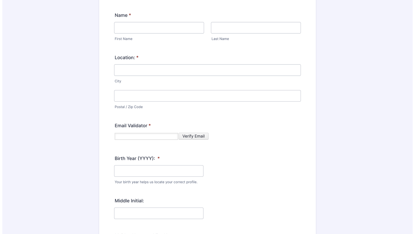 MyLife's privacy-request form, empty: First Name, Last Name, City, Postal/Zip Code, an Email Validator field with a Verify Email button, Birth Year and Middle Initial.