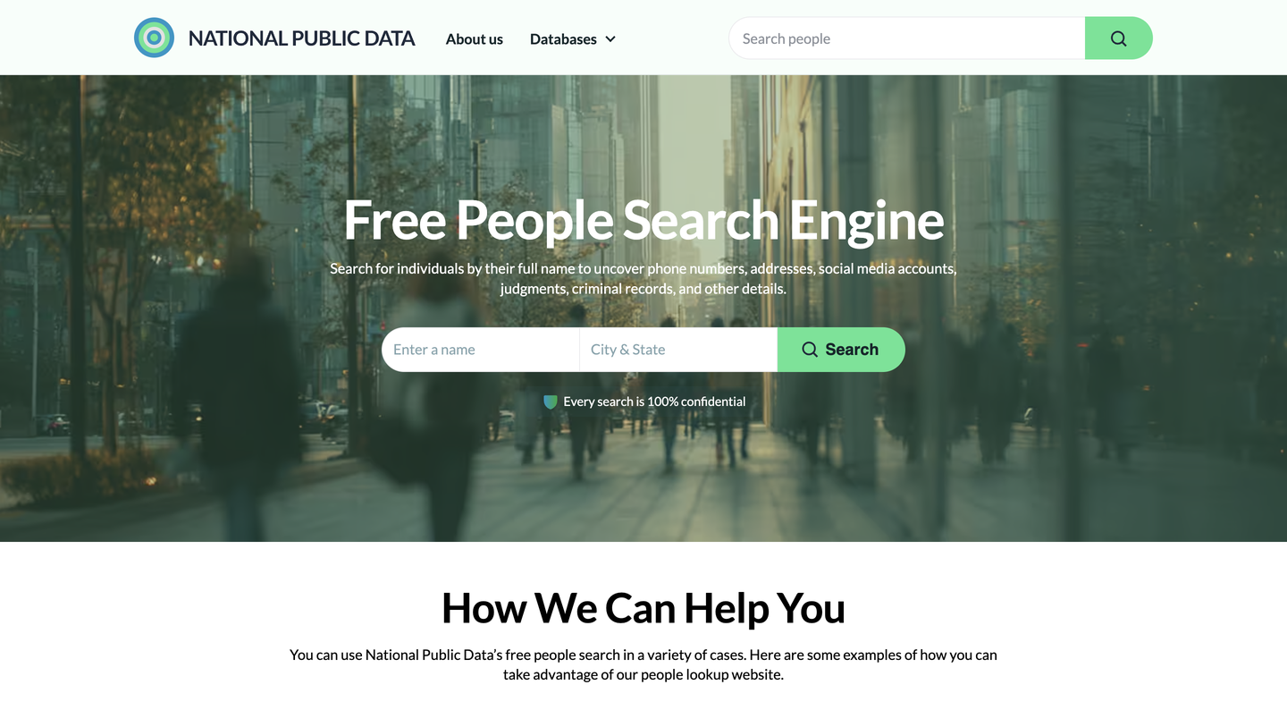 The National Public Data homepage, headed "Free People Search Engine", with empty "Enter a name" and "City & State" fields beside a green Search button.