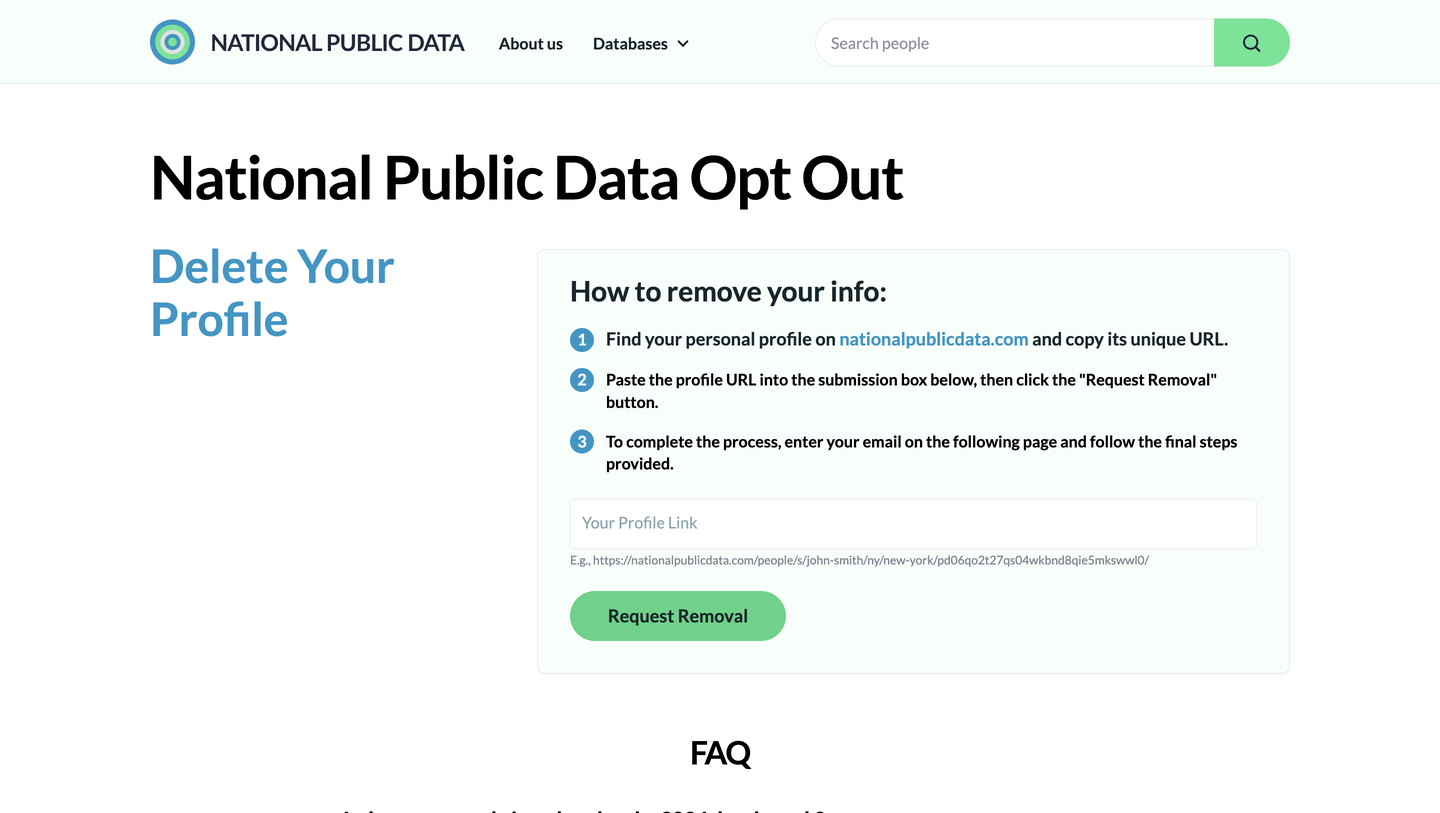 National Public Data's opt-out page, headed "National Public Data Opt Out", with a "Delete Your Profile" panel listing three removal instructions above an empty "Your Profile Link" field and a green Request Removal button.