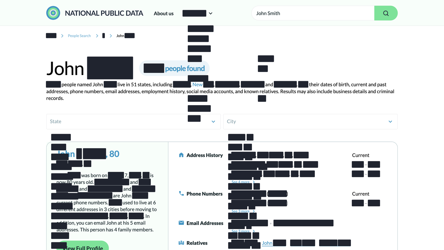 A redacted National Public Data results page for John Smith, with state and city filters and a profile panel showing blacked-out address history, phone numbers, email addresses and relatives.