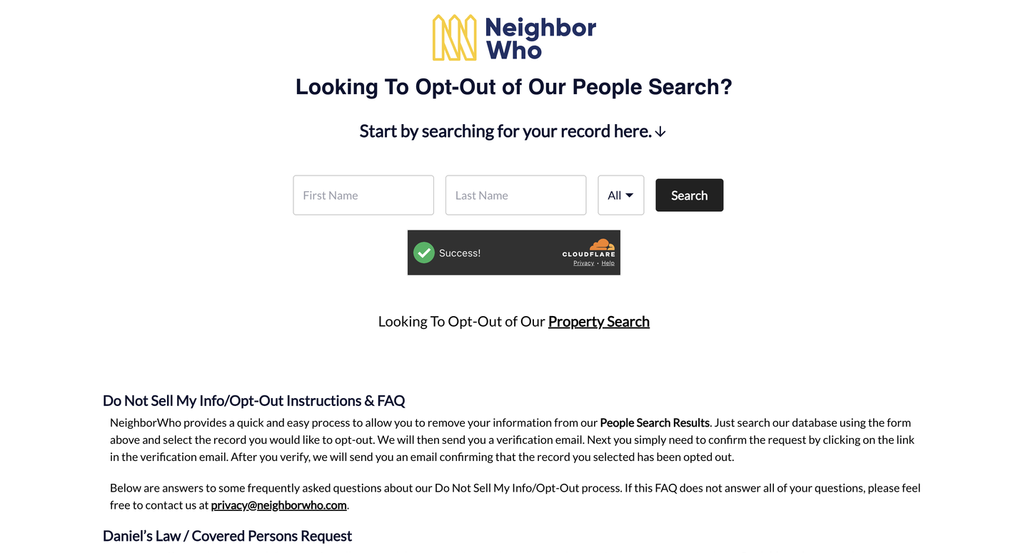 NeighborWho's opt-out page, headed "Looking To Opt-Out of Our People Search?", with empty First Name and Last Name fields, a state dropdown and a Search button above the opt-out FAQ.