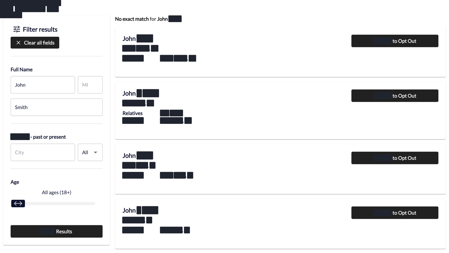 NeighborWho's opt-out search results for a John Smith query, showing several redacted John records, each with a button to opt the record out.