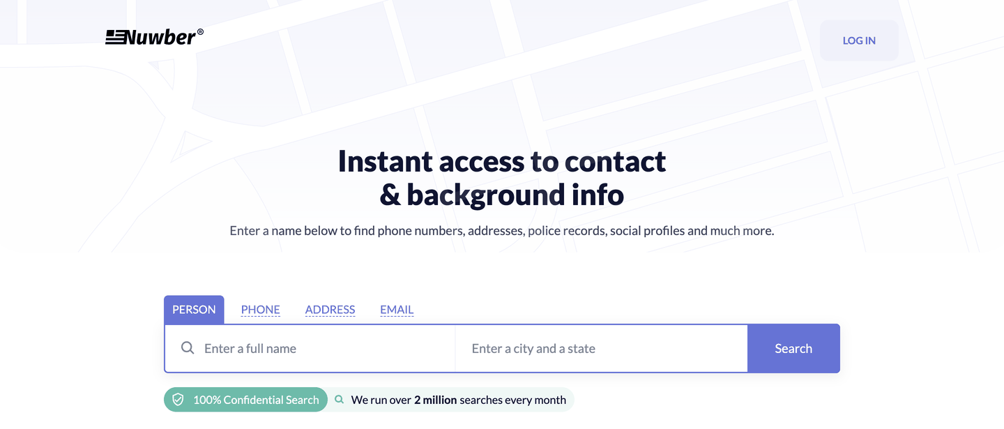 The Nuwber homepage with the Person search tab selected and an empty name and location form.