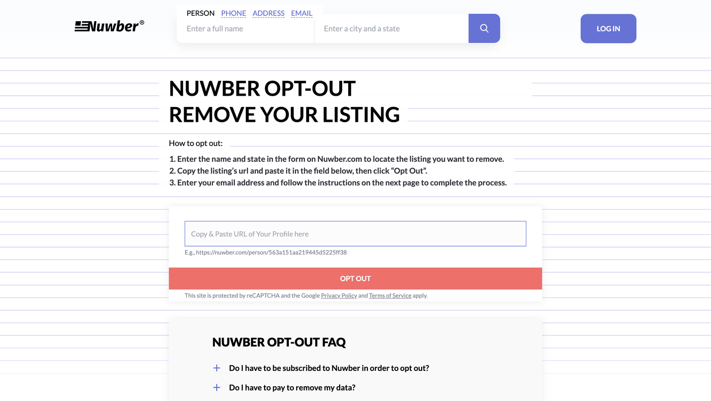Nuwber's "Remove Your Listing" page showing three numbered opt-out instructions and a field for pasting a profile URL.