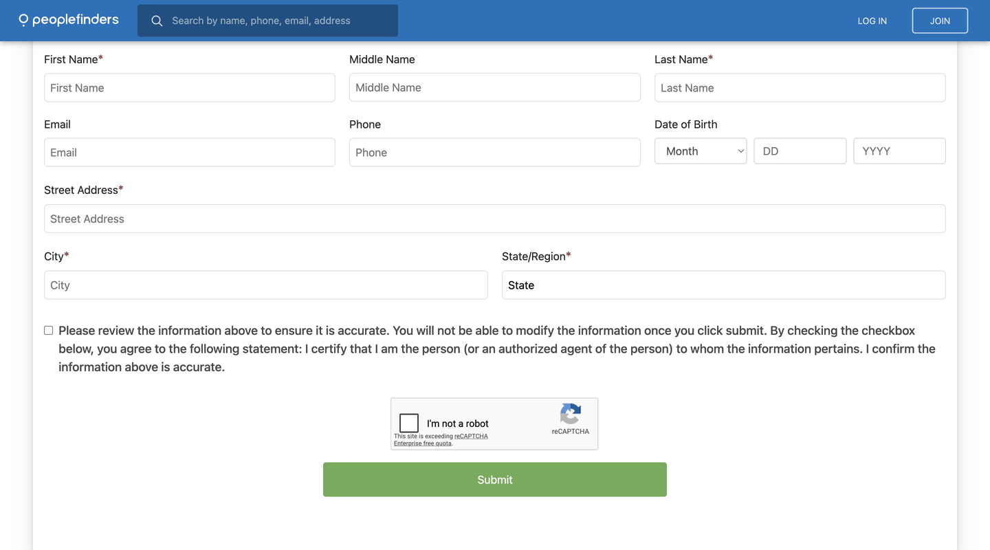 PeopleFinders' Record Suppression Form, empty: First, Middle and Last Name, Email, Phone, a three-part Date of Birth, Street Address, City and State/Region, with an unticked certification checkbox, a reCAPTCHA box and a green Submit button.