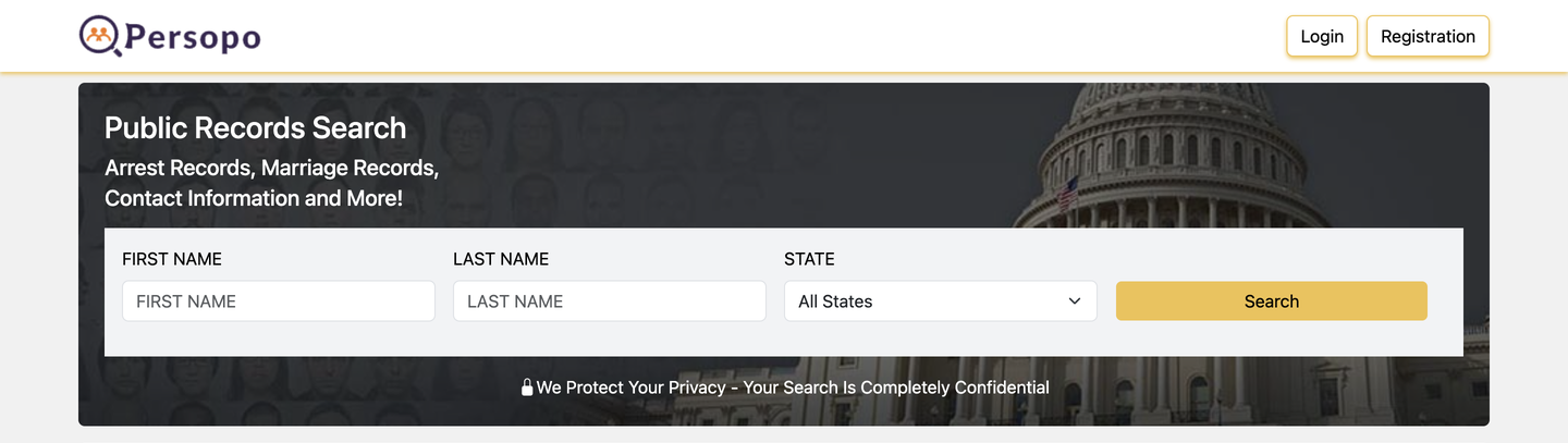 Persopo's homepage, headed "Public Records Search", with empty First Name and Last Name fields and an All States dropdown beside a Search button.