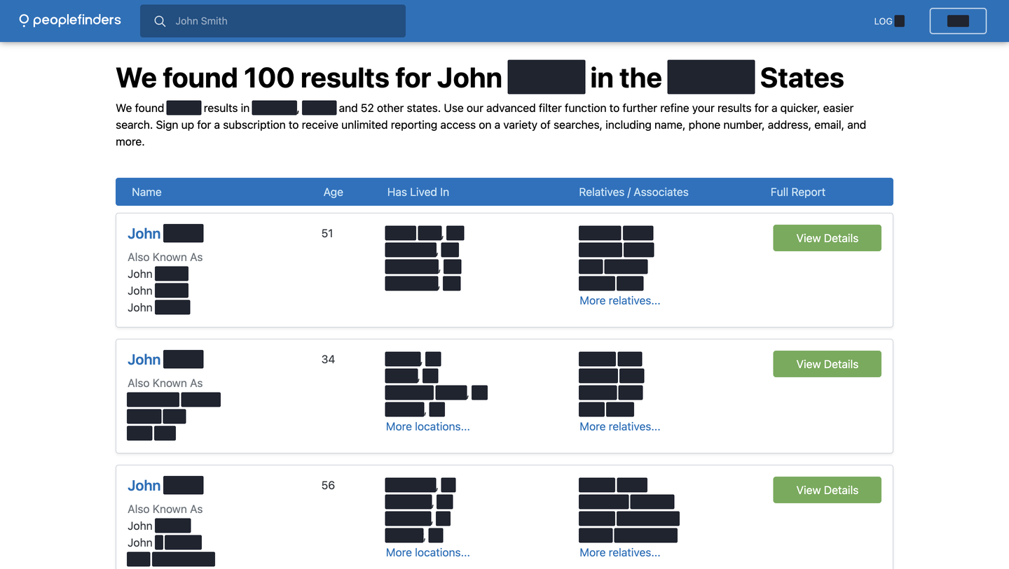 A redacted PeopleFinders results page reading "We found 100 results for John", reached from a PrivateEye search, with ages, blacked-out aliases, locations and relatives, and View Details buttons.