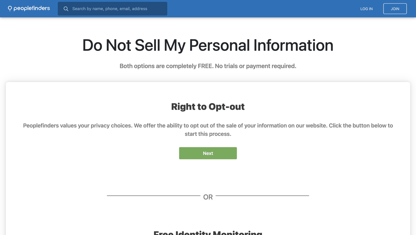 PeopleFinders' "Do Not Sell My Personal Information" page, which PrivateEye removals run through, showing the Right to Opt-out panel with a green Next button.