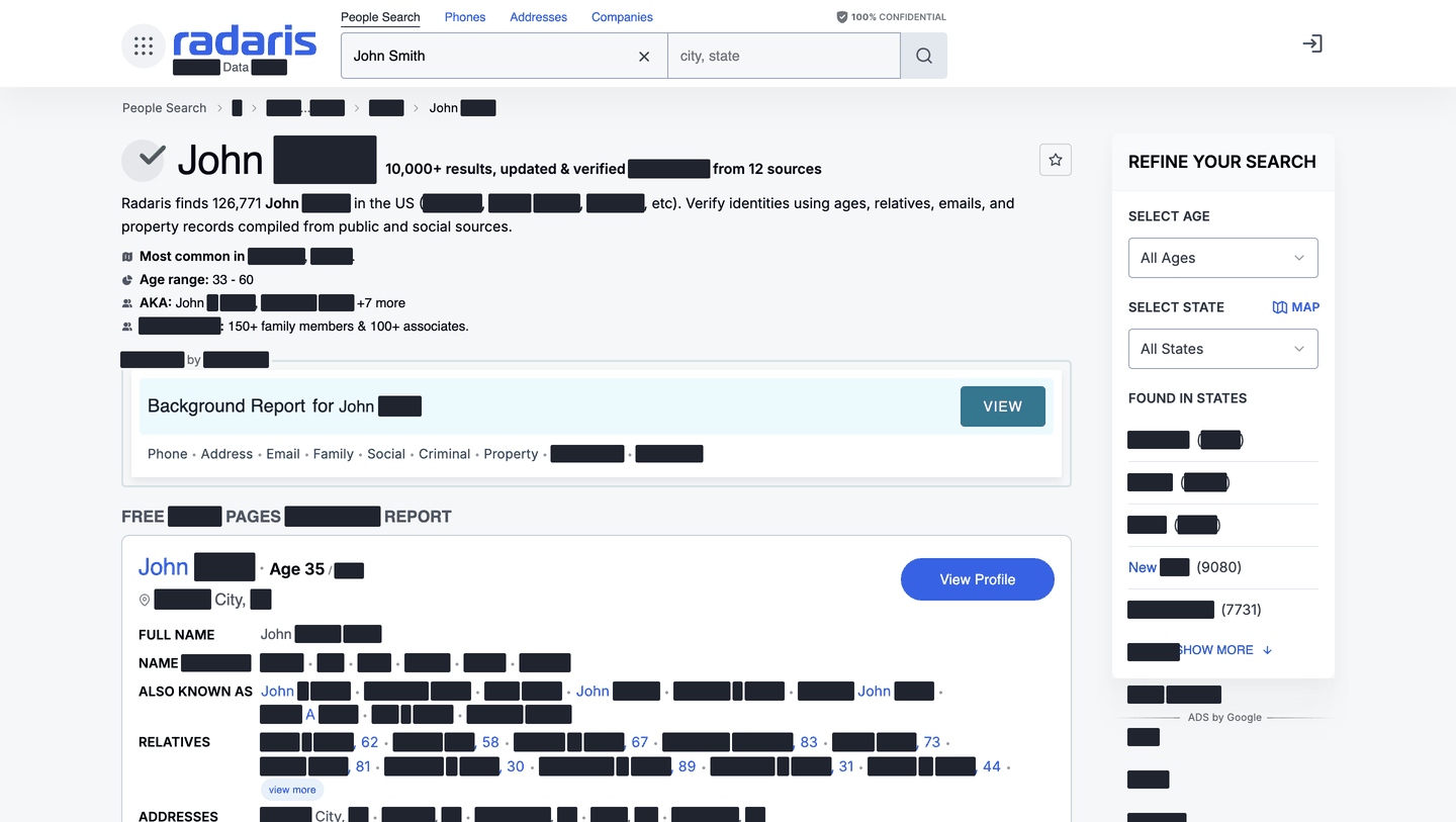 A Radaris profile page for a "John Smith" search showing a free preview with full name, aliases, relatives and addresses, all blacked out except the ages.