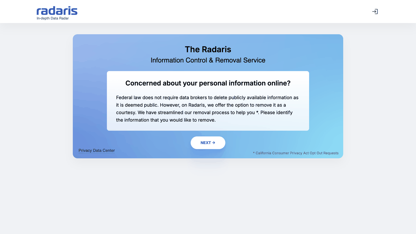 Radaris' Information Control & Removal Service page, explaining that removal is offered as a courtesy, with a Next button below.