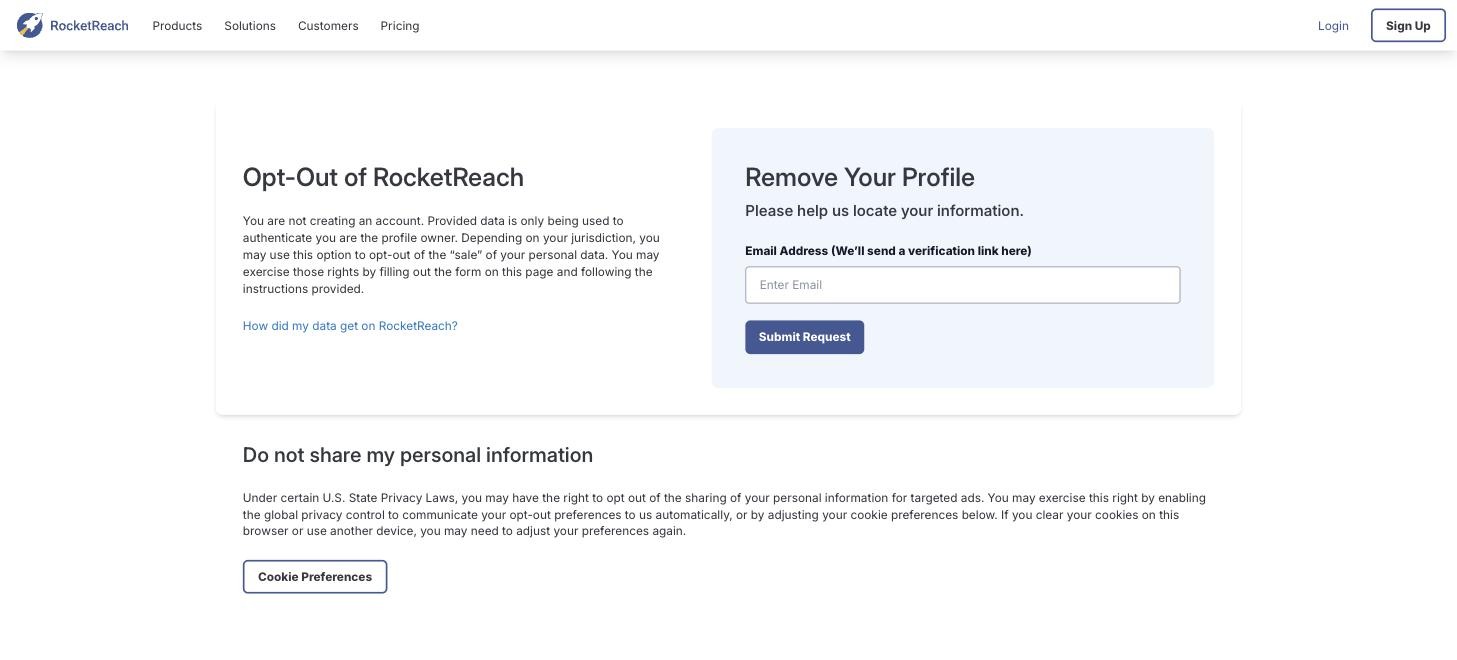 The RocketReach opt-out page, headed "Opt-Out of RocketReach", with a "Remove Your Profile" card containing a single empty email field and a Submit Request button.
