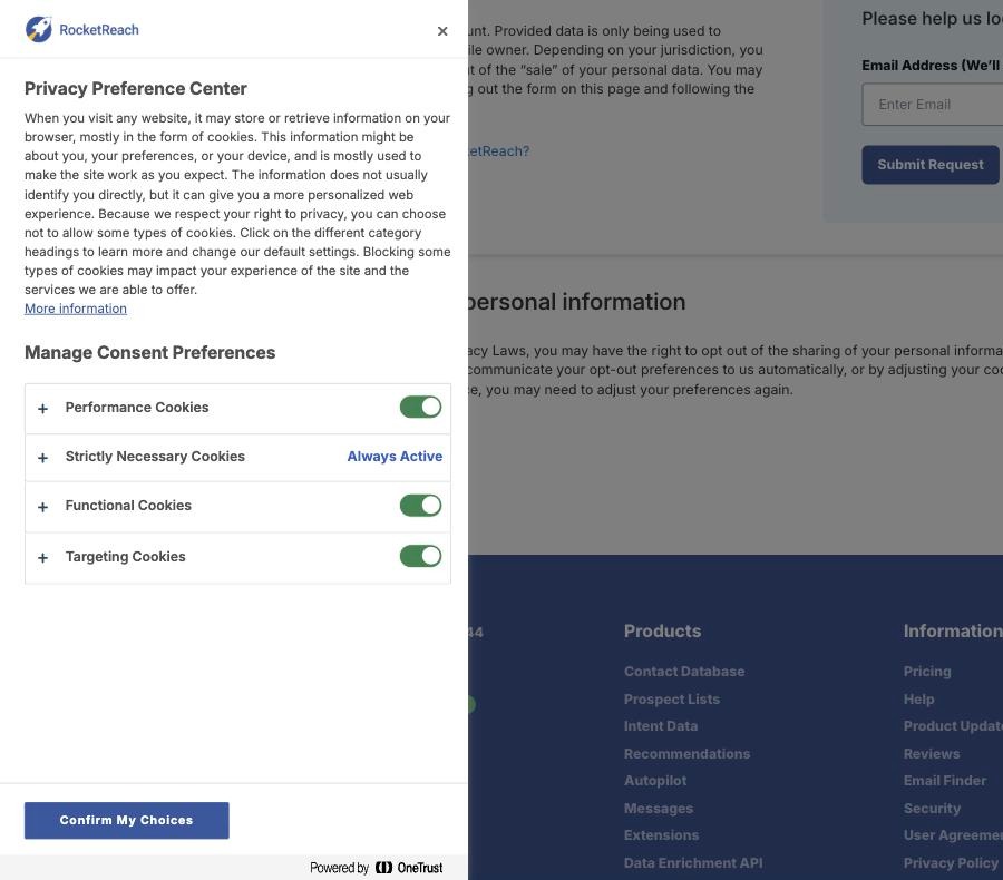 RocketReach's Privacy Preference Center panel, showing Performance, Functional and Targeting cookie toggles all switched on, with Strictly Necessary marked Always Active.