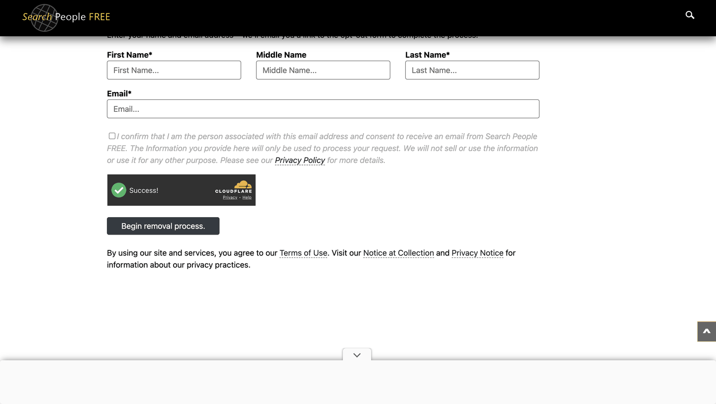 The SearchPeopleFree record-removal form with empty First, Middle and Last Name fields, an email field, a confirmation checkbox and a "Begin removal process" button.