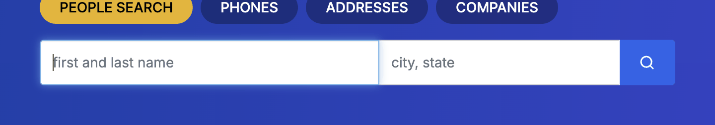 SearchPeopleFree's People Search bar with empty "first and last name" and "city, state" fields beside a search button.