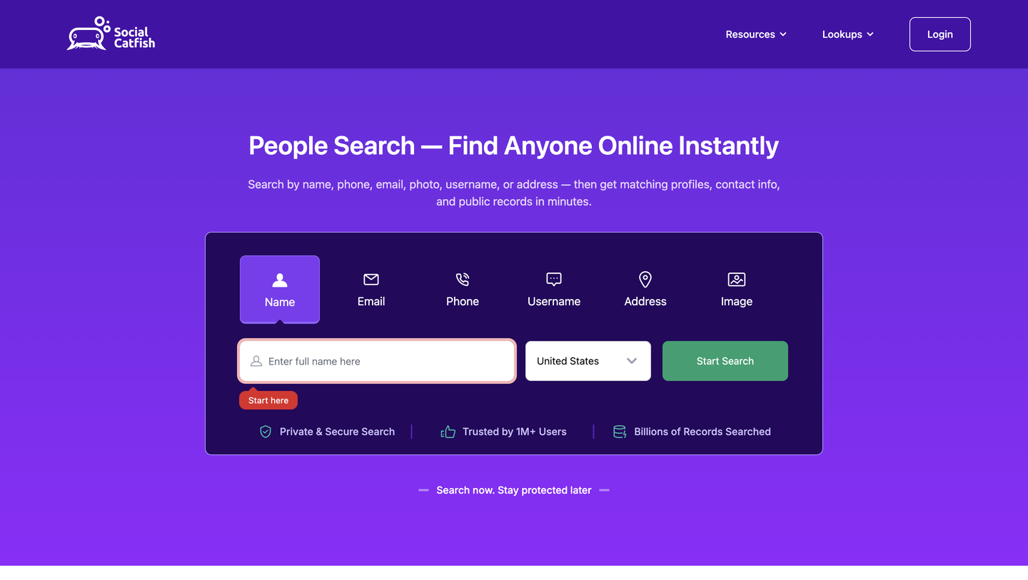 Social Catfish's homepage search panel with Name, Email, Phone, Username, Address and Image tabs, an empty "Enter full name here" field and a green Start Search button.