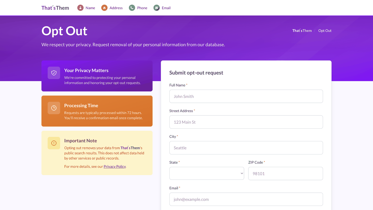 The ThatsThem "Submit opt-out request" form with empty Full Name, Street Address, City, State, ZIP Code and Email fields, beside notes on privacy and a 72-hour processing time.