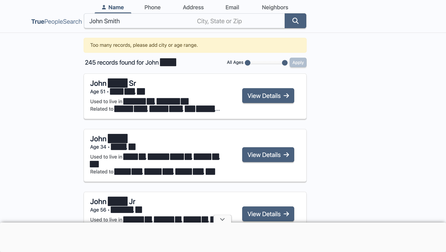 TruePeopleSearch showing 245 records for a "John Smith" search, each card listing an age, past cities and relatives, all blacked out except the ages.
