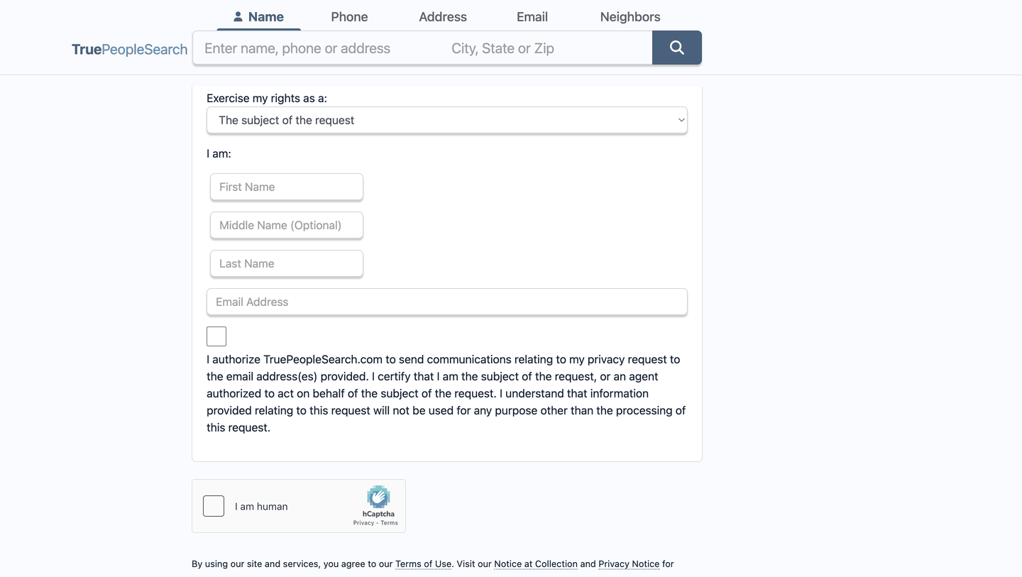 TruePeopleSearch's removal form, with an "Exercise my rights as a" dropdown set to "The subject of the request", empty name and email fields and an "I am human" check.